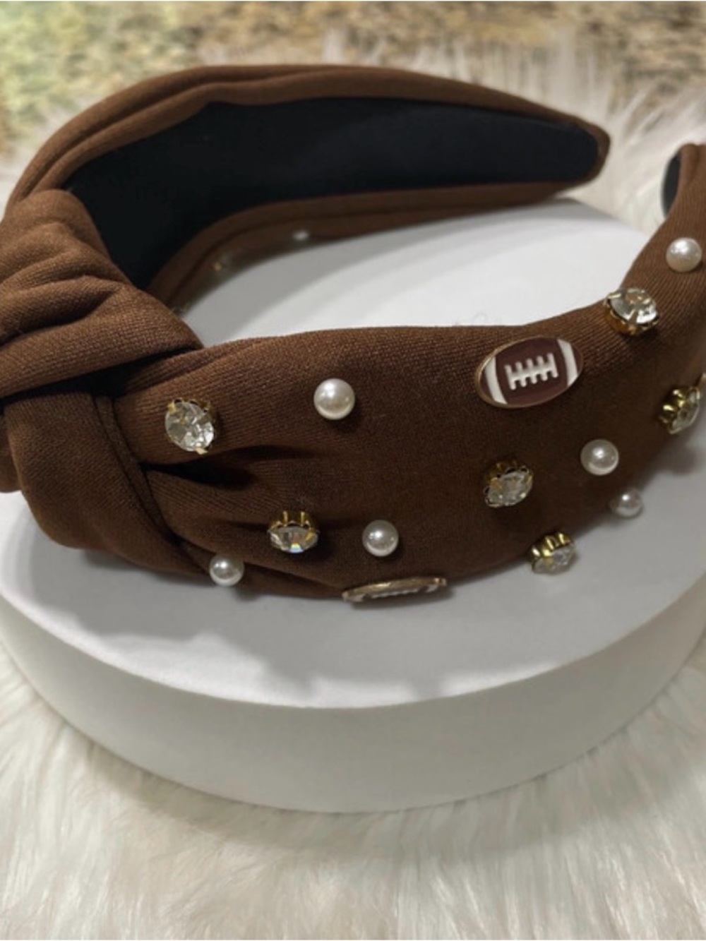 Embellished Knotted Headband in Brown with Pearls and Crystals